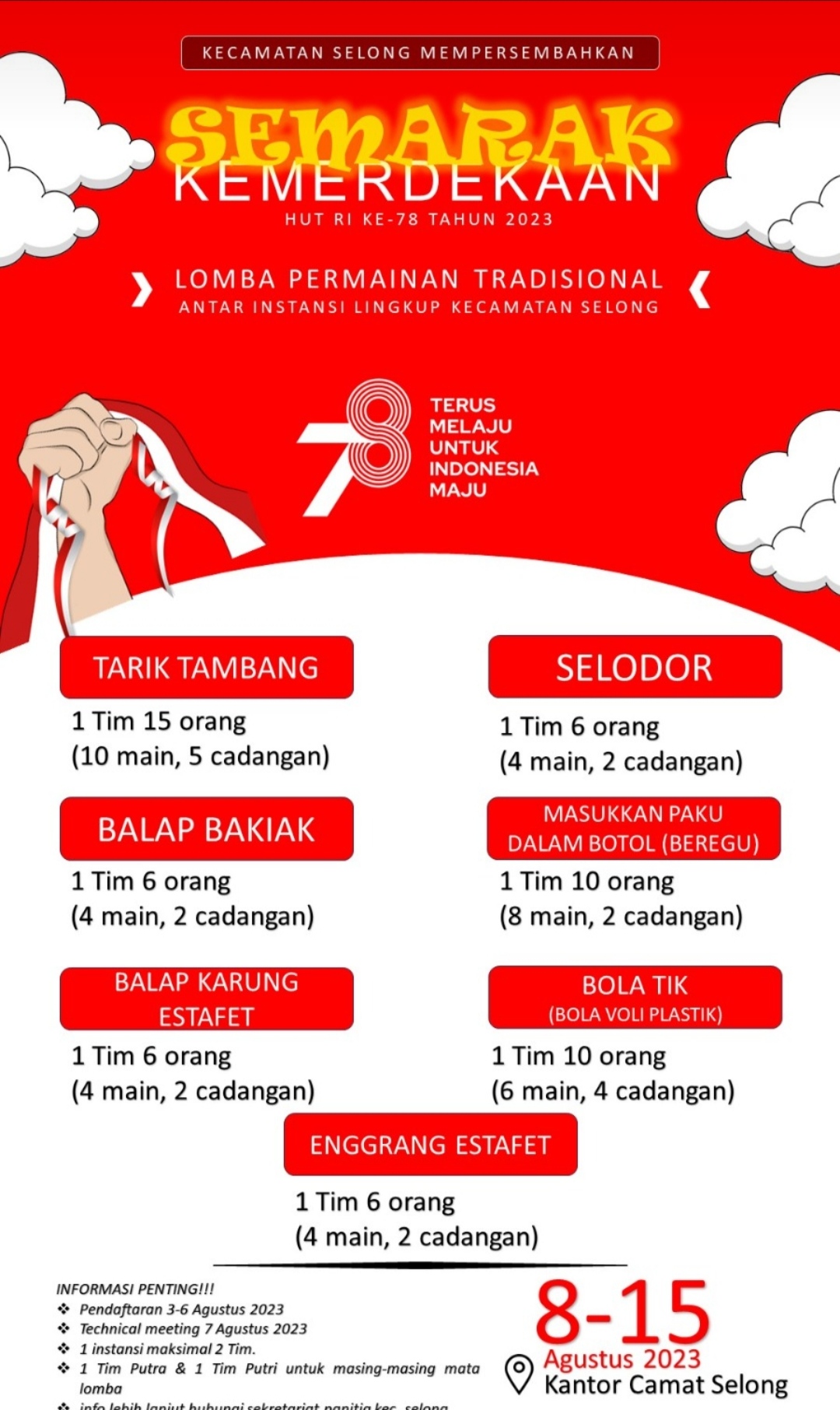 Meriahkan HUT RI Ke 78, Kecamatan Selong Gelar Lomba Permainan Tradisional